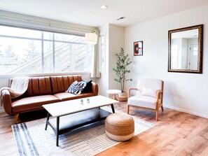 Smart TV, chimenea y biblioteca musical 