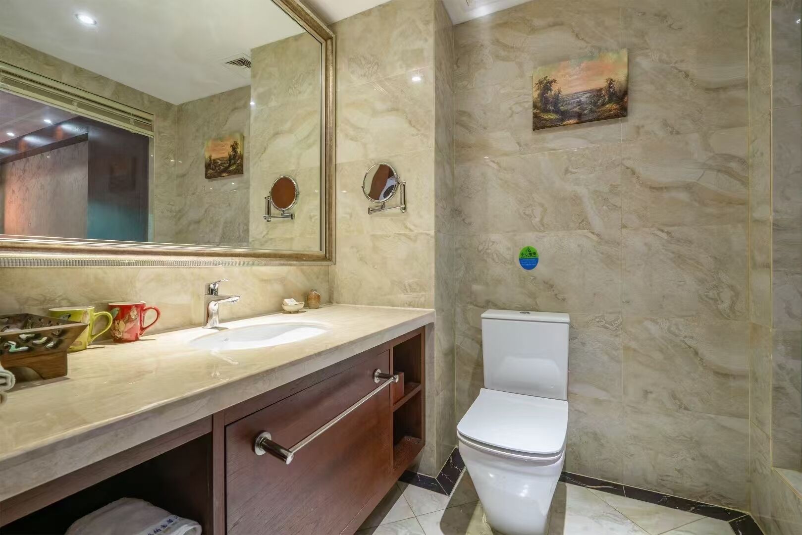 Une salle de bain avec un meuble-lavabo en marbre, un grand miroir, des toilettes et une petite étagère contenant des articles de toilette.