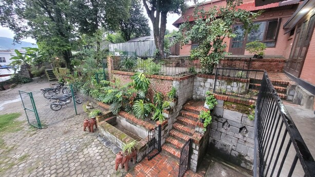 Una escalera exterior de varios niveles con escalones de ladrillo y barandillas de metal, rodeada de abundante vegetación y plantas en macetas.