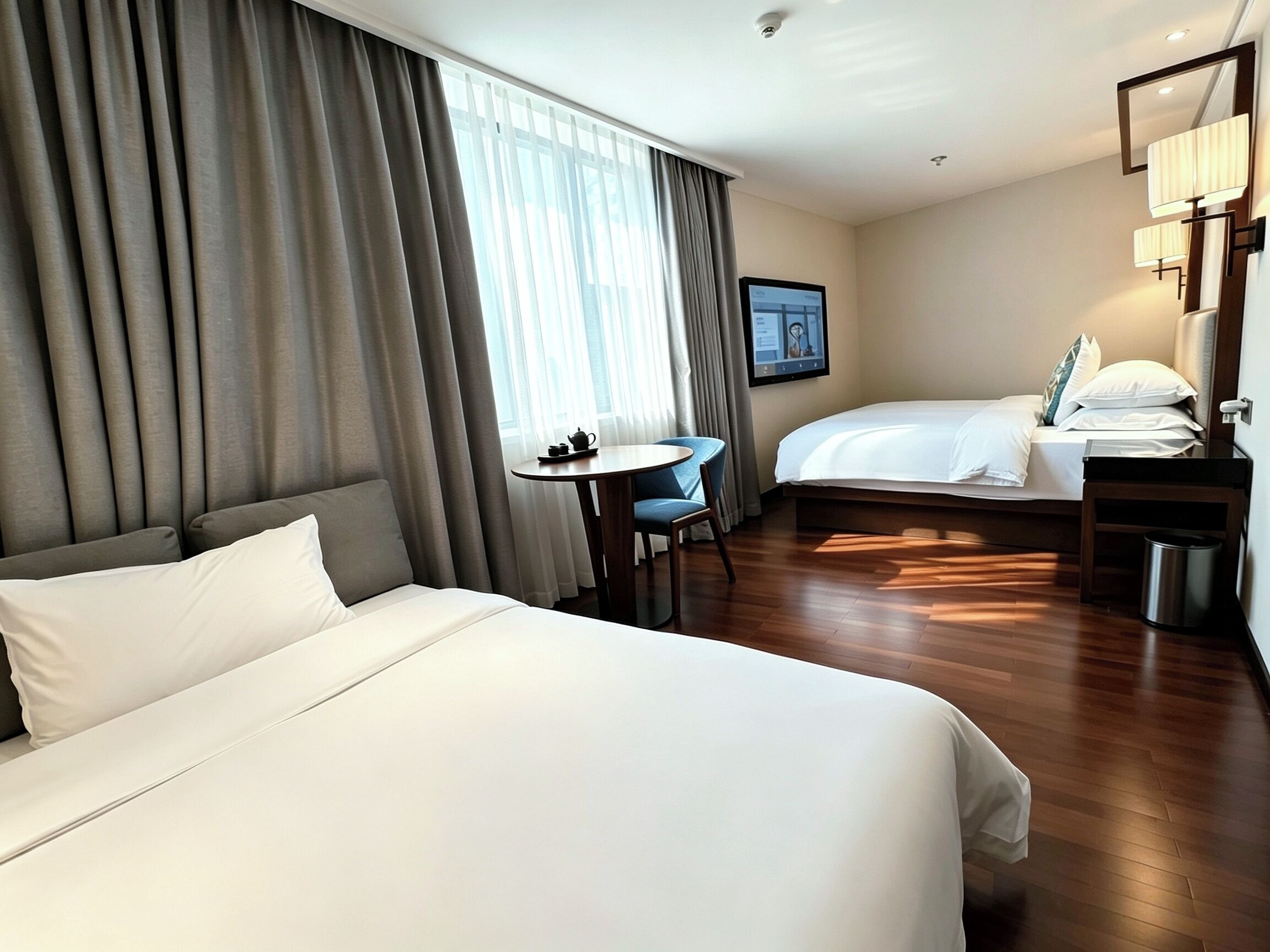 A hotel room with two beds, a desk, a chair, a small table with a teapot, and a TV on the wall.