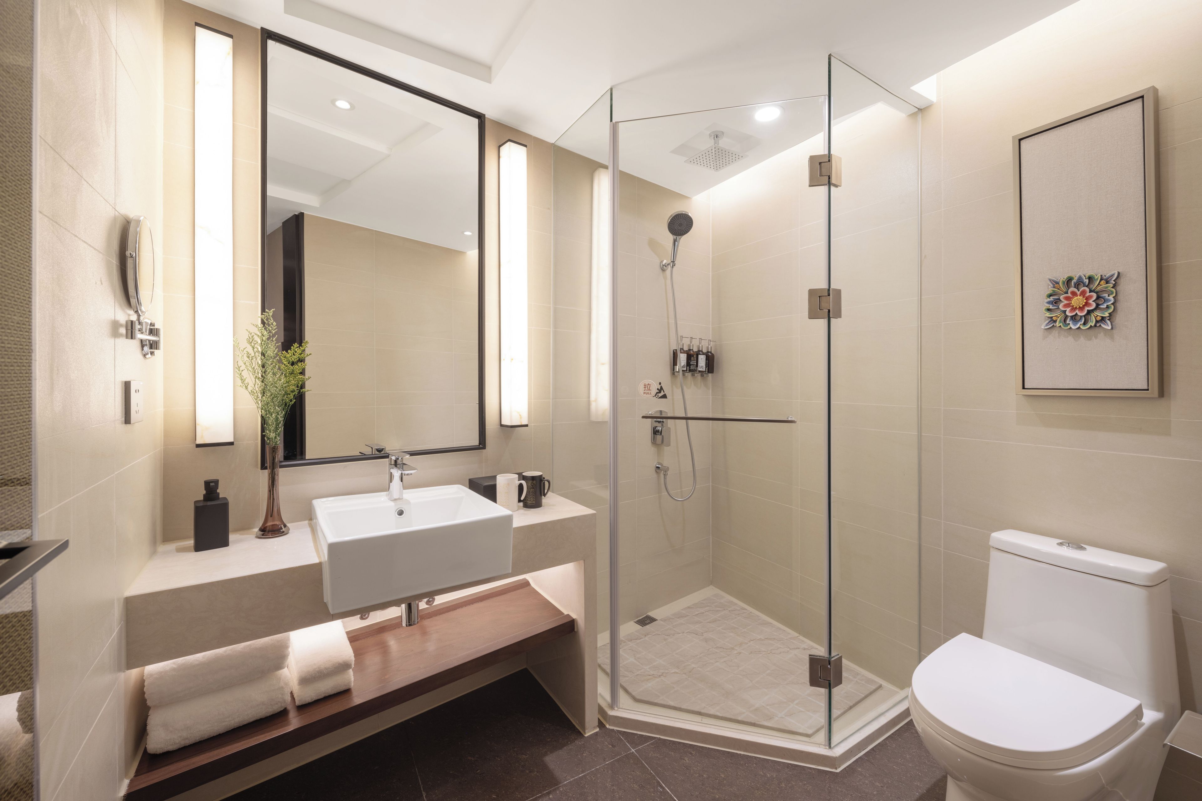Une salle de bain moderne avec une douche à parois de verre, un lavabo blanc et des toilettes.