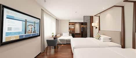 A hotel room with two beds, a desk, a chair, a TV on the wall, and a view of the city.