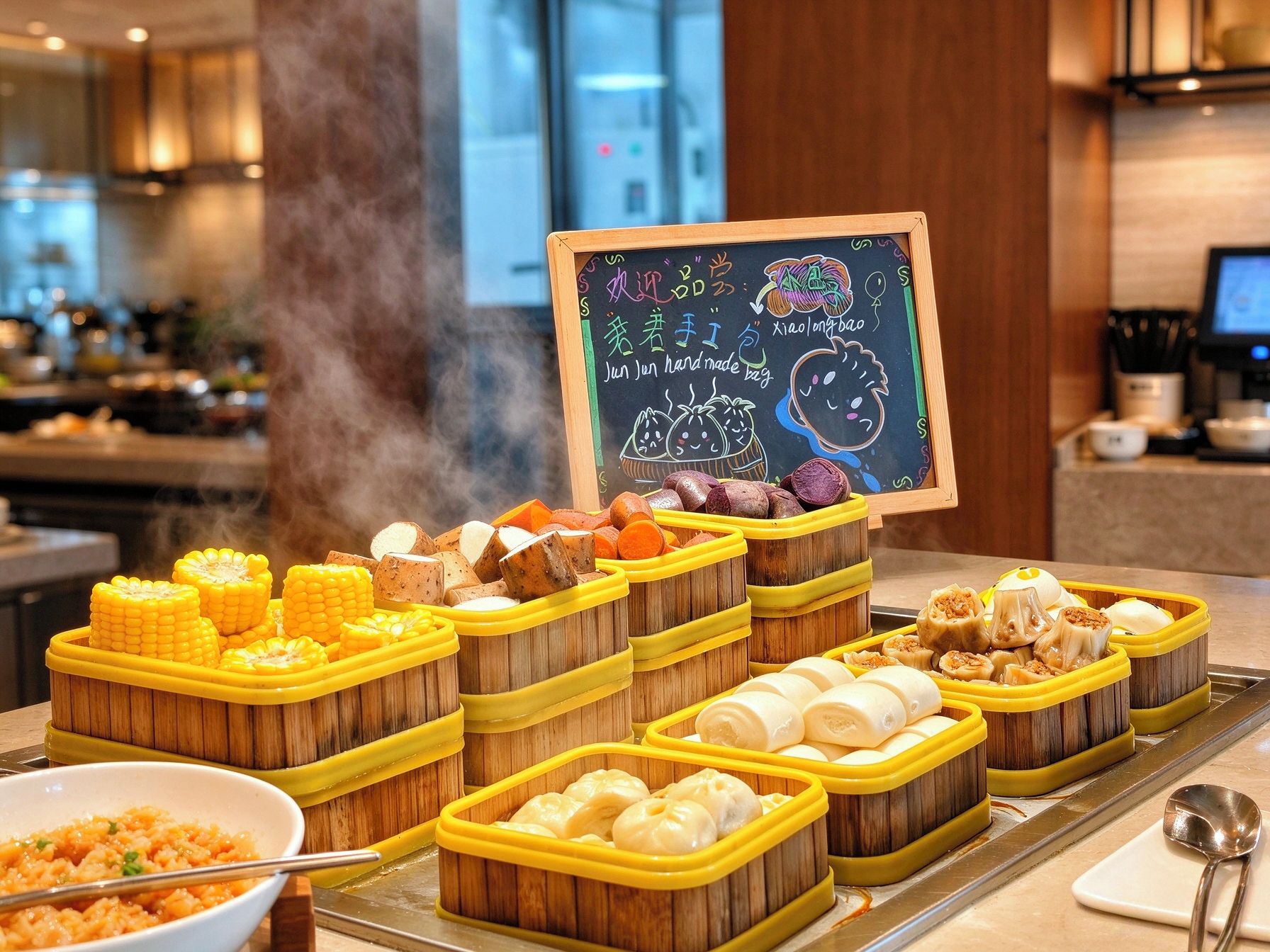 A buffet with various food items in wooden containers, a chalkboard menu, and a kitchen area in the background.