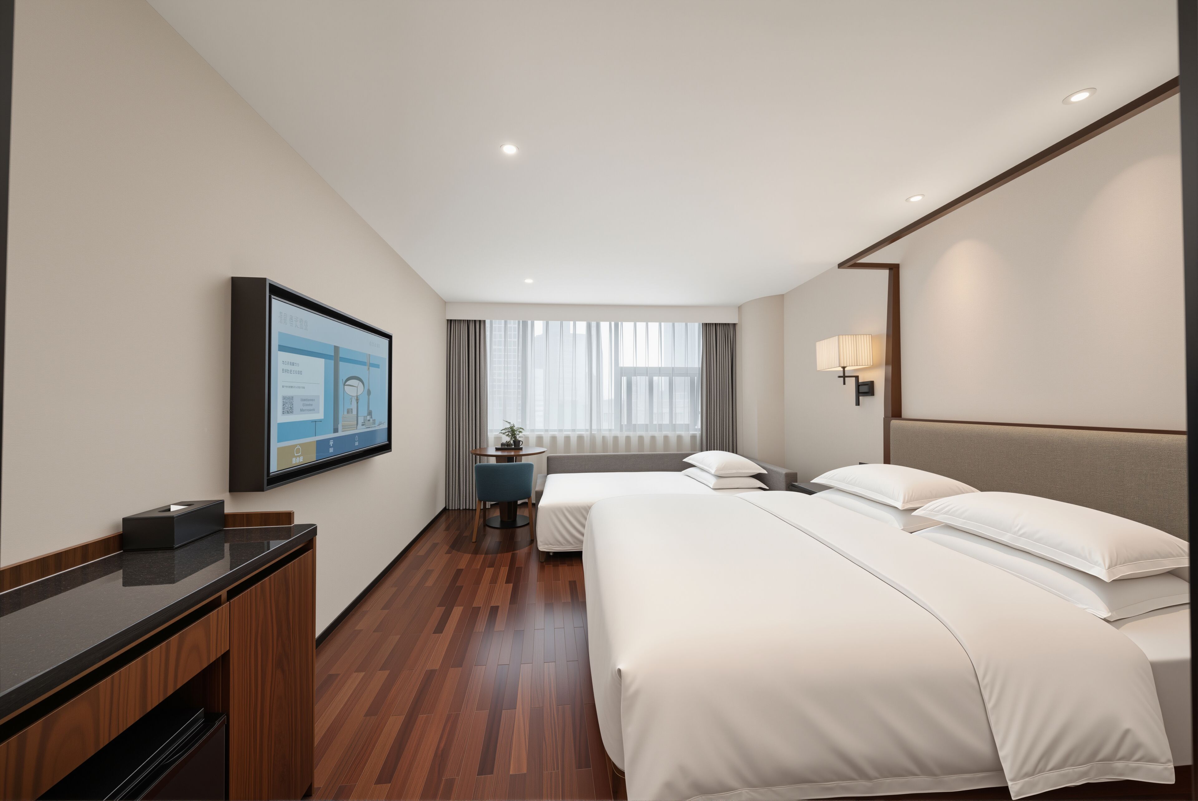 A hotel room with a bed, bedside table, TV, and a window with curtains.