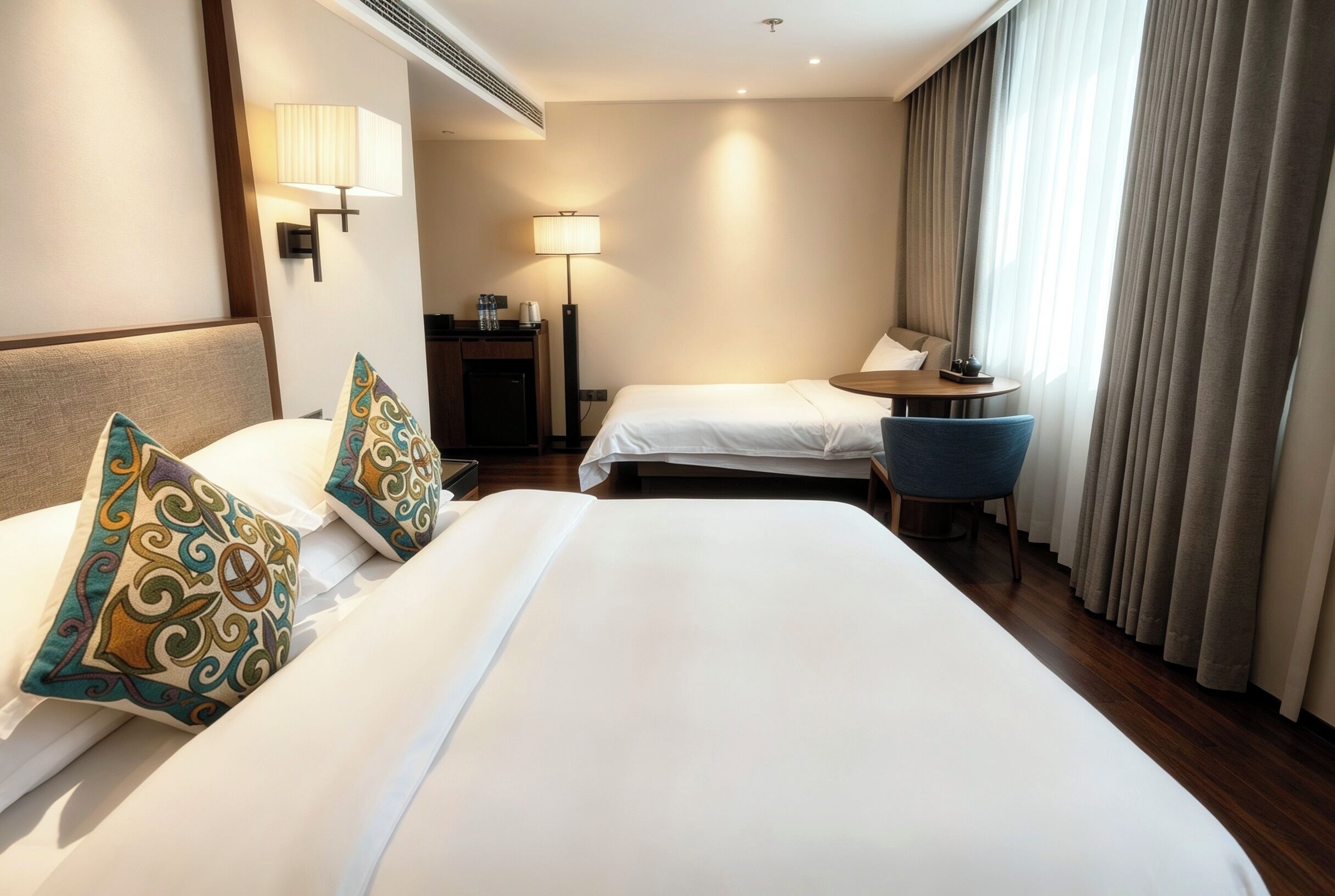 Una habitación de hotel con dos camas, un escritorio, una silla y una lámpara.