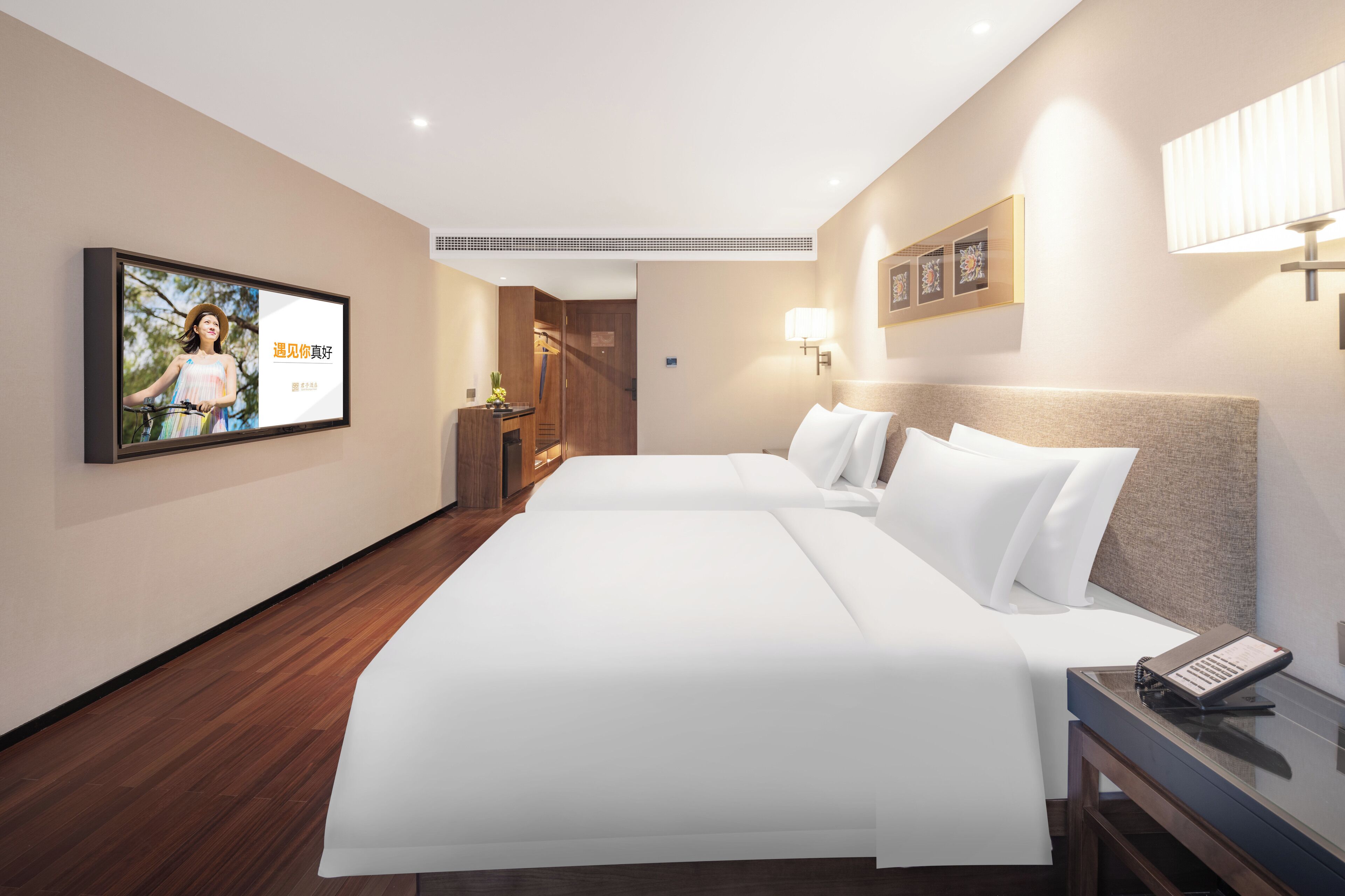 A hotel room with two beds, a TV on the wall, a bedside table with a phone, and a lamp.