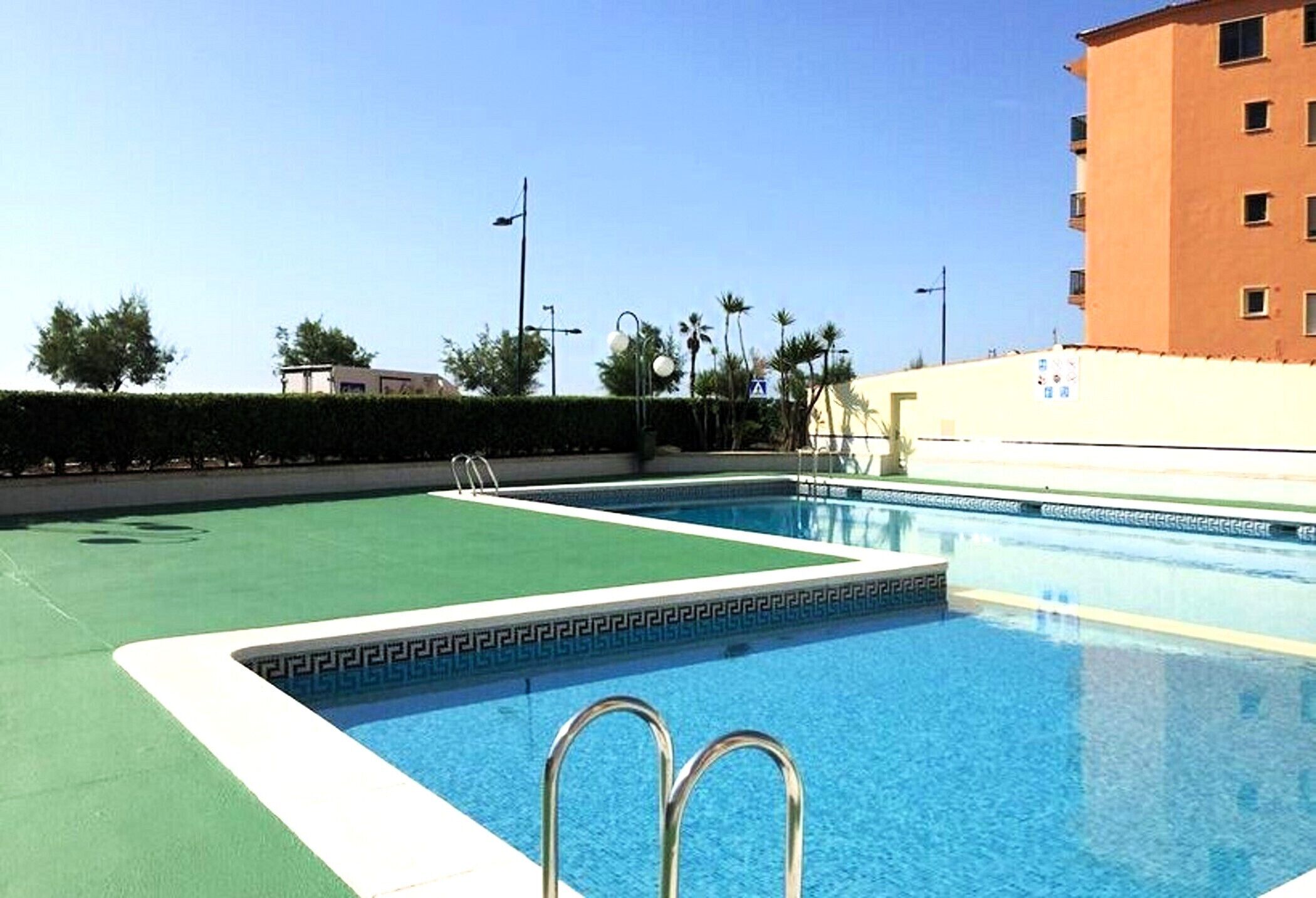 Una piscina con cubierta verde y borde blanco, rodeada de seto y palmeras.