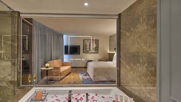 Prestige Room Smart Laundry, Espresso Machine and Non-Alcoholic Mini Bar | Bathroom | Free toiletries, hair dryer, bathrobes, slippers