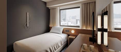 Habitación de hotel con cama, escritorio con bandeja de tazas, televisión y vistas a la ciudad.