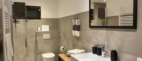 Shower, hair dryer, towels