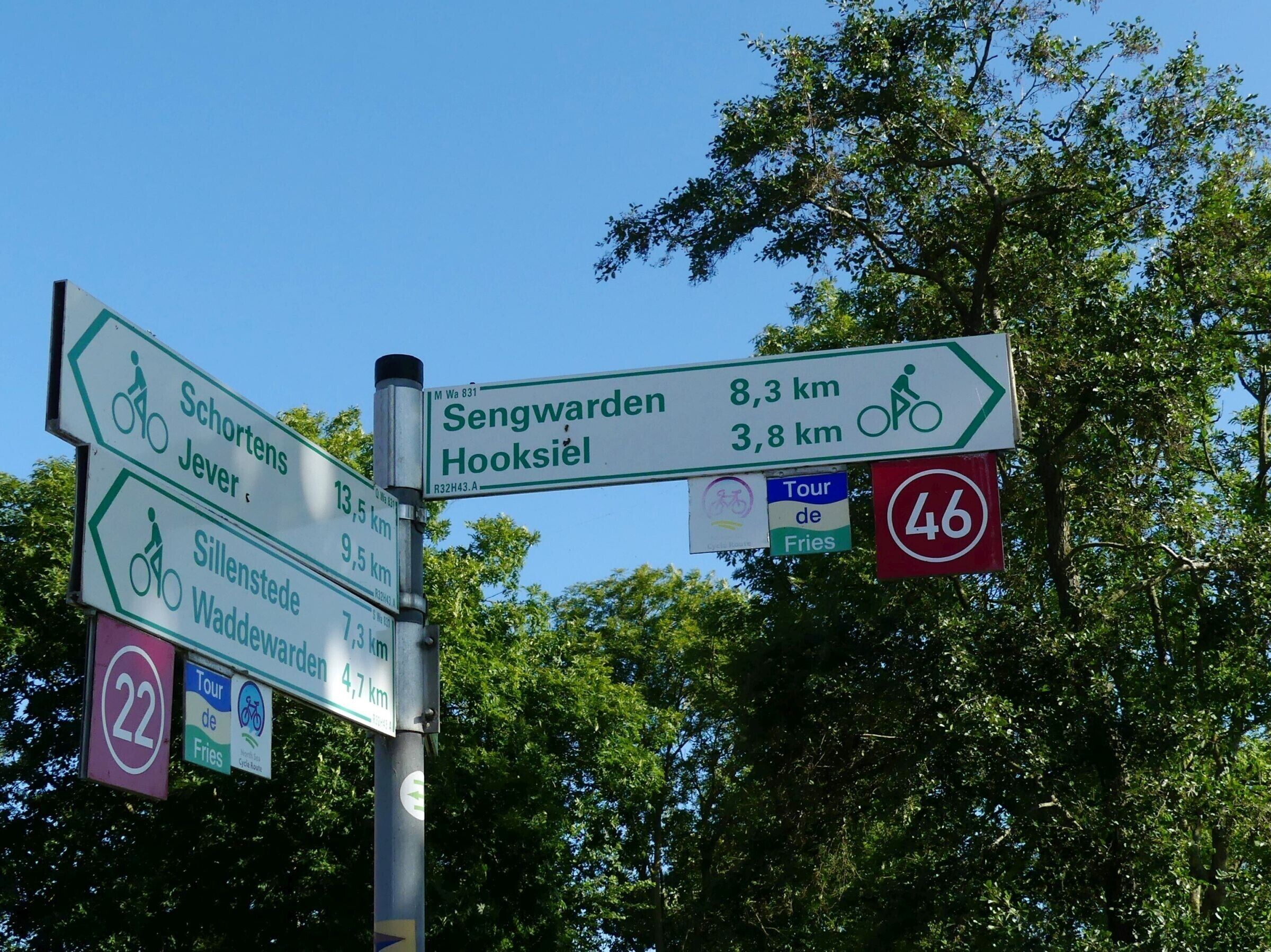 Un indicador direccional con múltiples rutas señalizadas para ciclismo y senderismo, incluyendo las distancias a varios destinos.