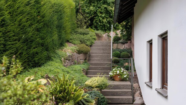 A set of stone steps leading up to a white building with windows, surrounded by lush greenery and a potted plant. - Apartment 'Bergfrieden' with Private Terrace, Shared Garden and Wi-Fi (Bad Herrenalb)