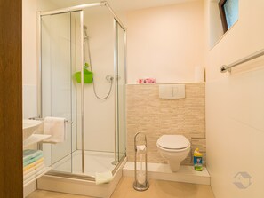 Chuveiro, secador de cabelo, toalhas de banho 