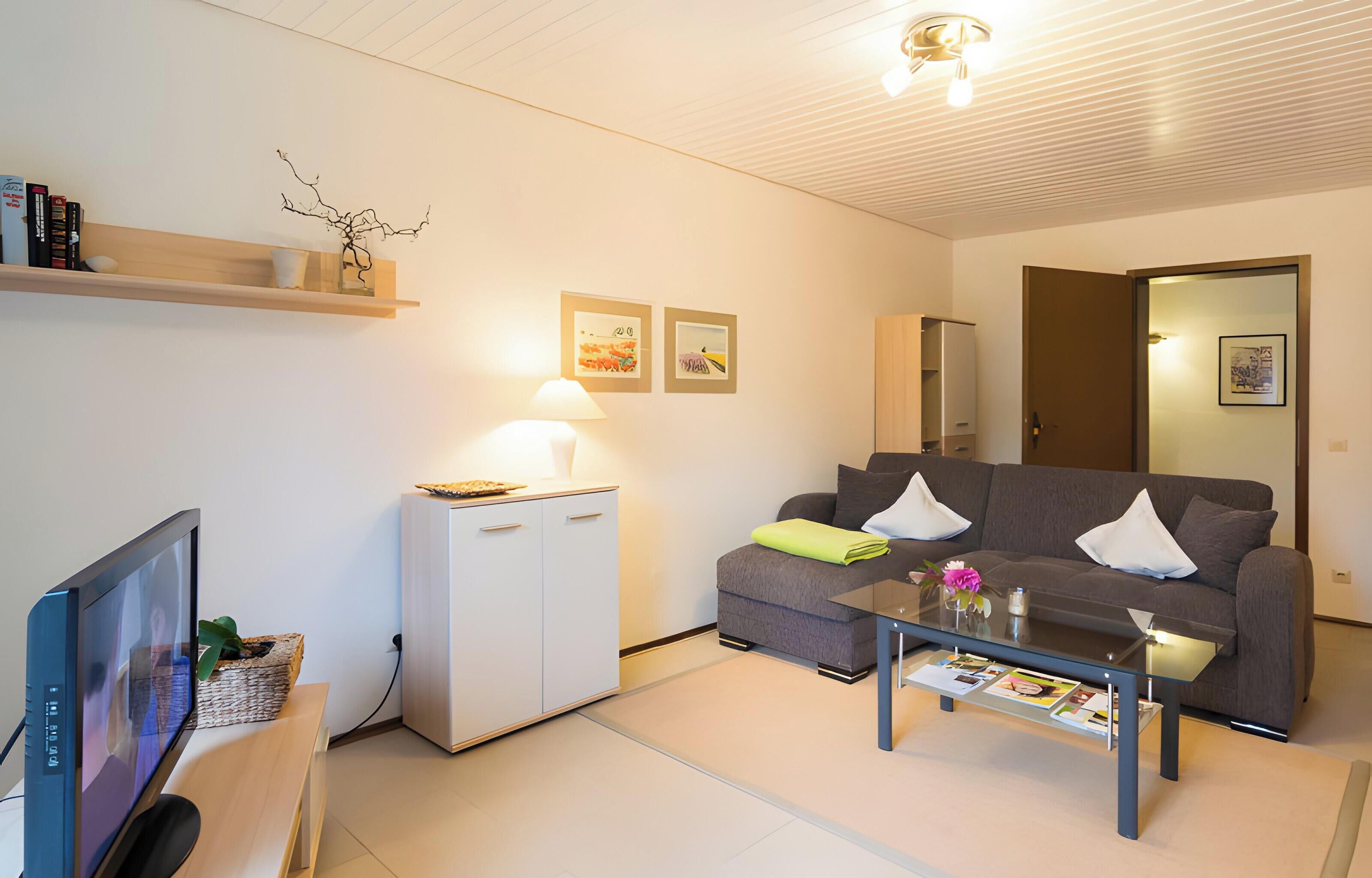 Ein modernes Wohnzimmer mit Flachbildfernseher, einer Couch, einem Couchtisch, einer kleinen Kommode und einer Lampe.