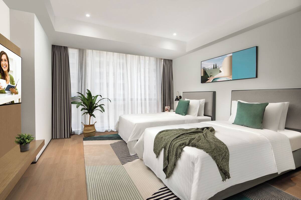 Una habitación de hotel moderna con dos camas, un ventanal con cortinas translúcidas, una planta en maceta y un cuadro en la pared.