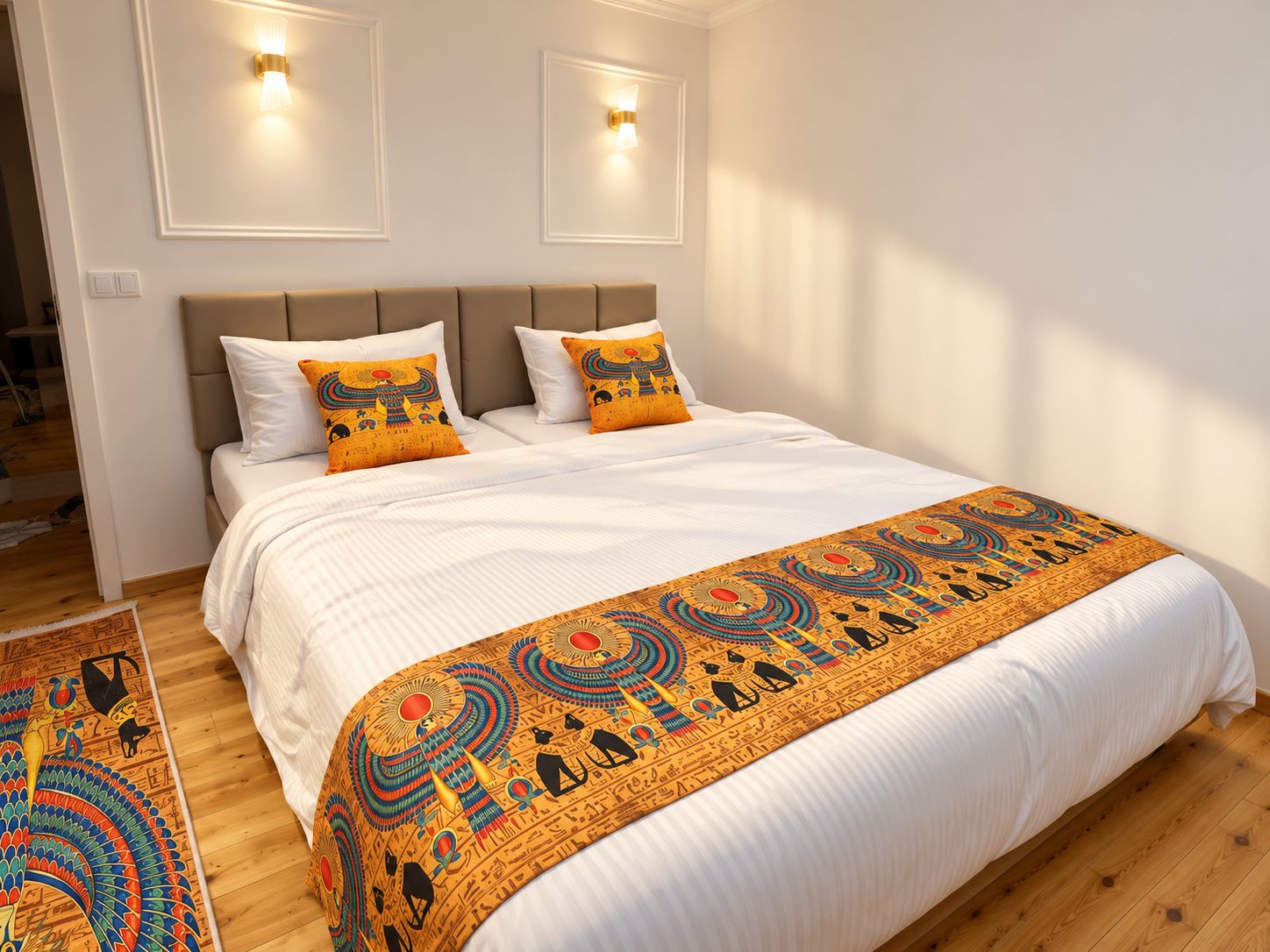 A bed with a patterned bedspread, two pillows with a design, and a headboard.