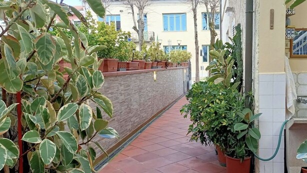 Un étroit couloir extérieur agrémenté de plantes en pot, avec un mur carrelé et un petit coin lavabo.