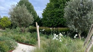 A garden with a circular stone planter filled with plants, surrounded by gravel paths and various shrubs. - Elegant, charming residence with landscaped garden (Jazennes)