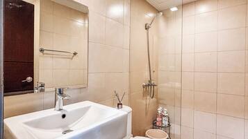 Shower, hair dryer, towels