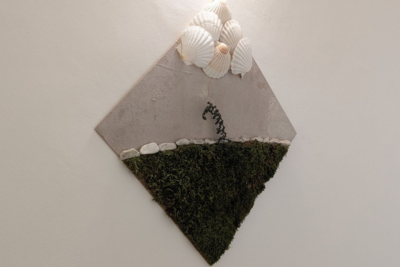 Une décoration murale ornée de coquillages et dotée d’un socle texturé de couleur verte.