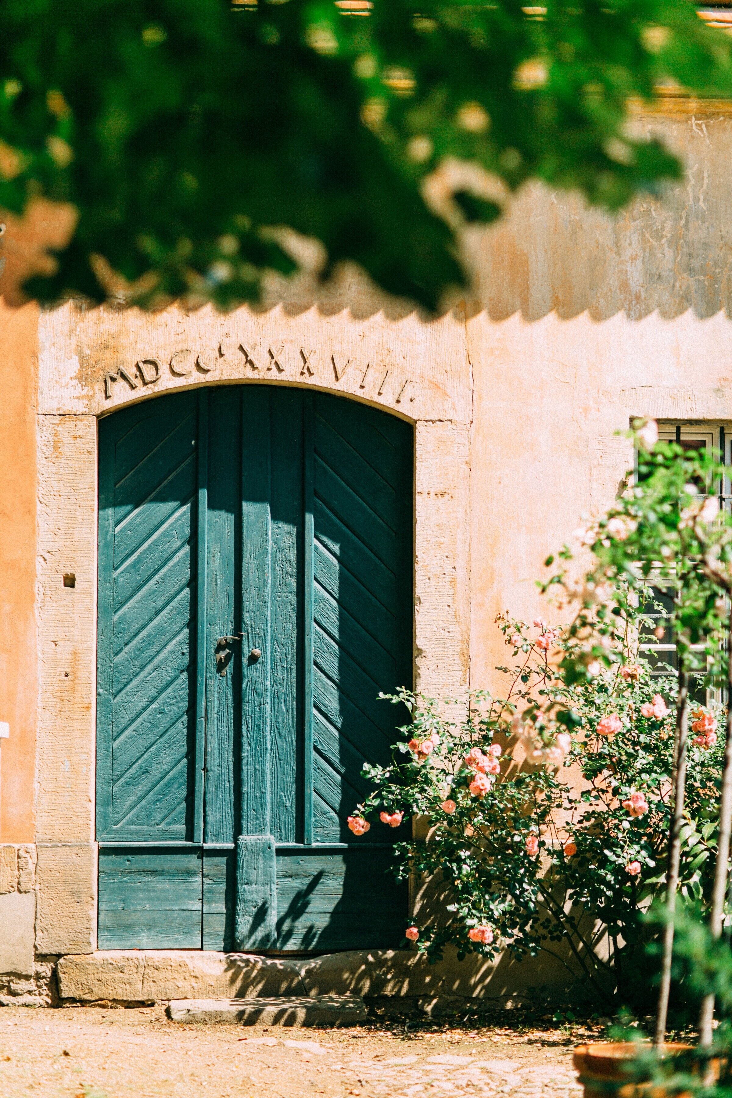 A building with a green door and a sign above it. There is a tree with pink flowers in front of the building.