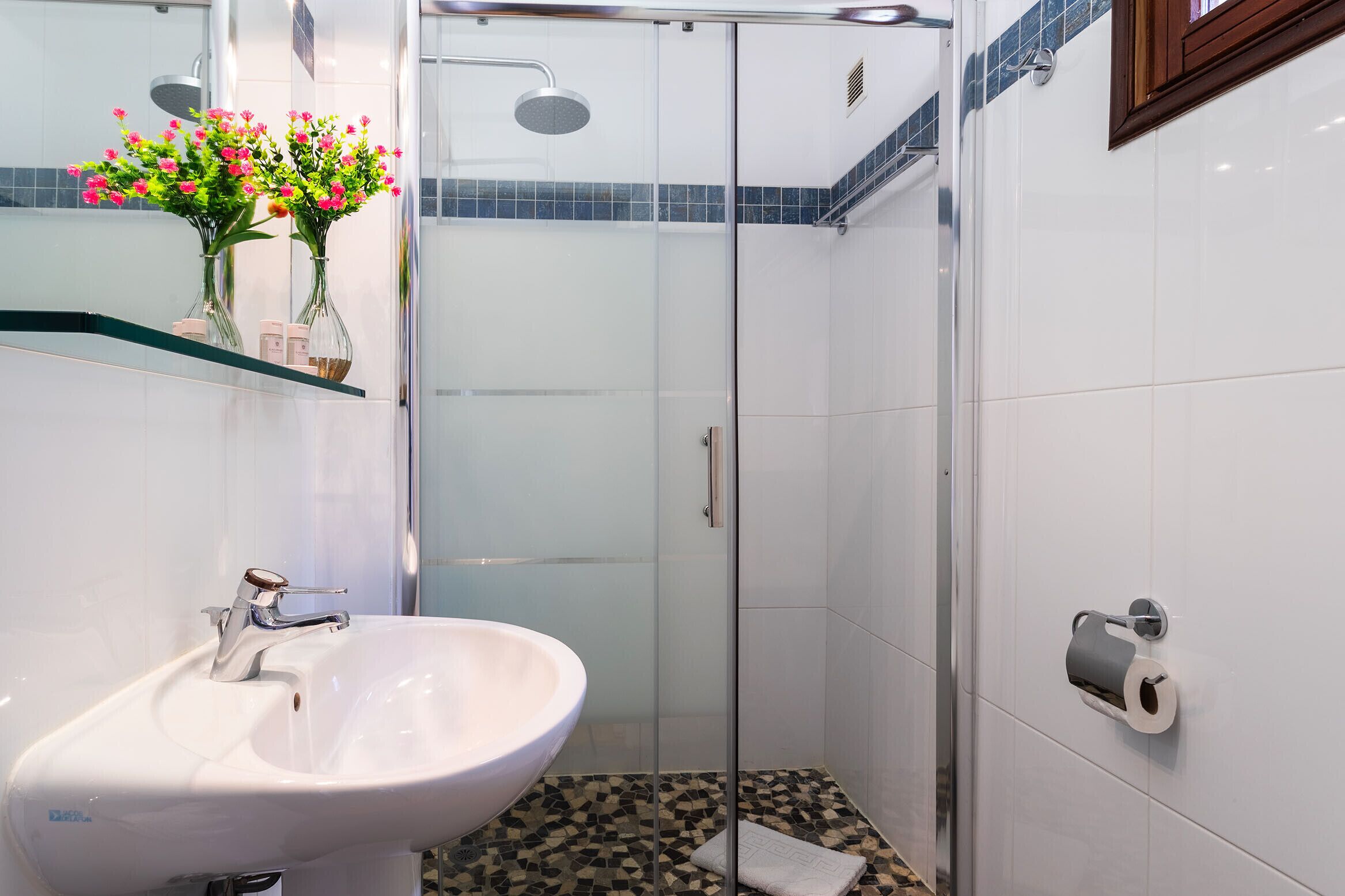 Een badkamer met een wit wastafel, een douchecabine van glas en een toiletpapierhouder.