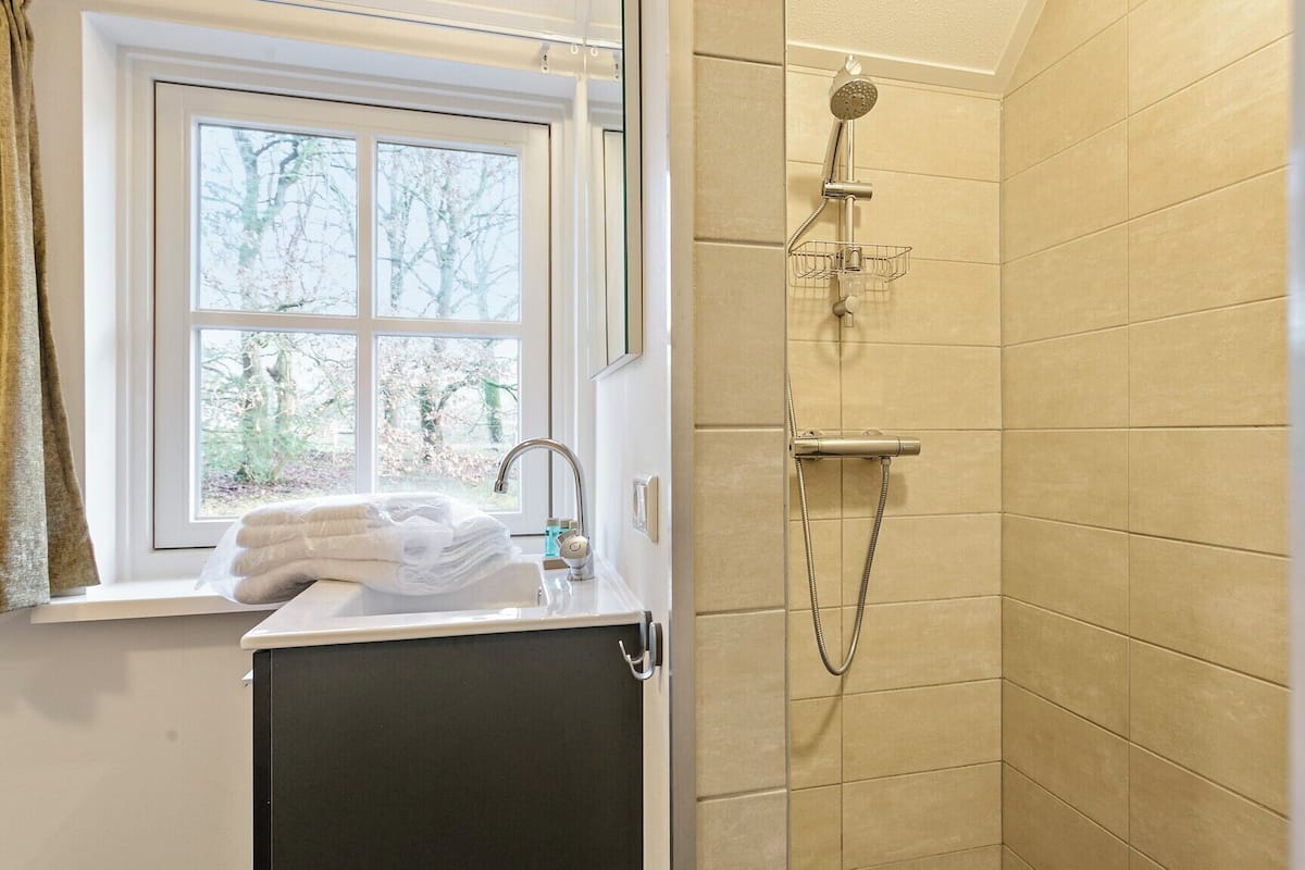 Un baño con ventana, ducha y lavamanos.