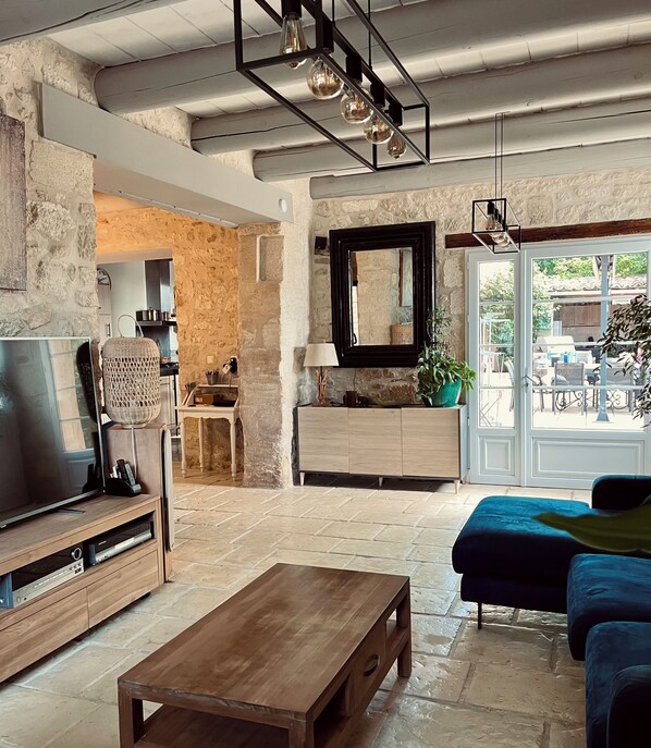 TV, fireplace, table tennis, books
