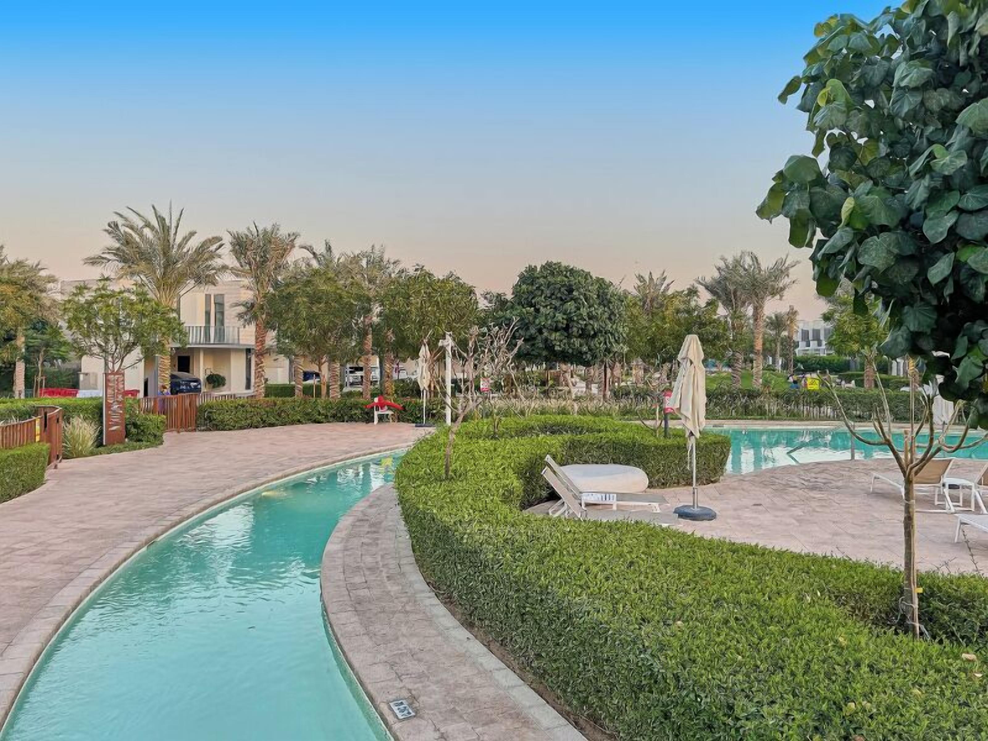 Outdoor pool, pool umbrellas, pool loungers