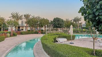 Outdoor pool, pool umbrellas, pool loungers