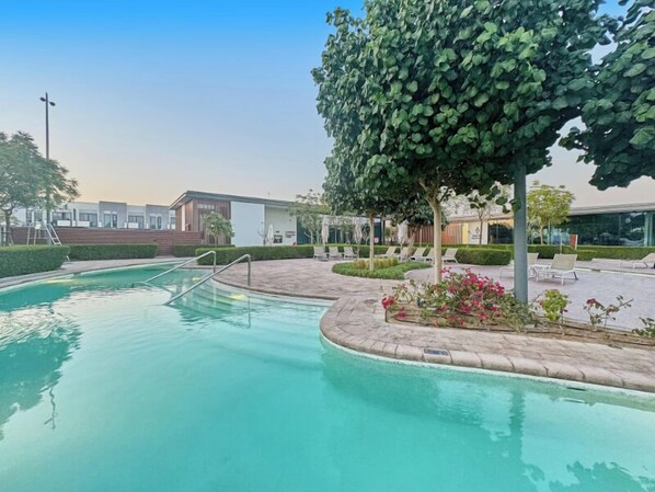 Outdoor pool, pool umbrellas, pool loungers