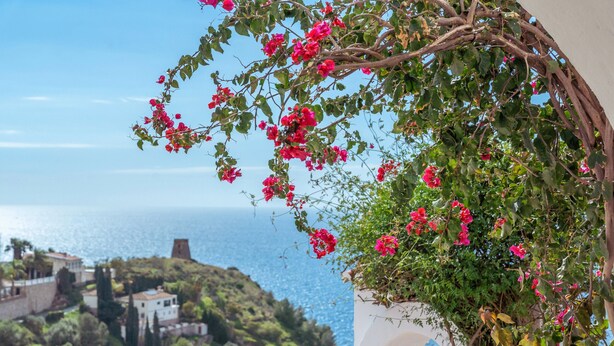 A balcony with a view of the sea and a white building in the background. - Retreat with sea views & private heated pool! (Almuñecar)