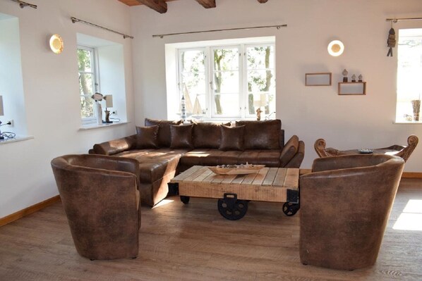 TV, fireplace, books, stereo