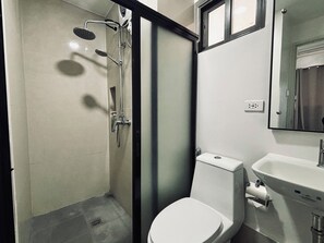 Bathroom features a toilet, sink, and shower area with handheld showerhead.