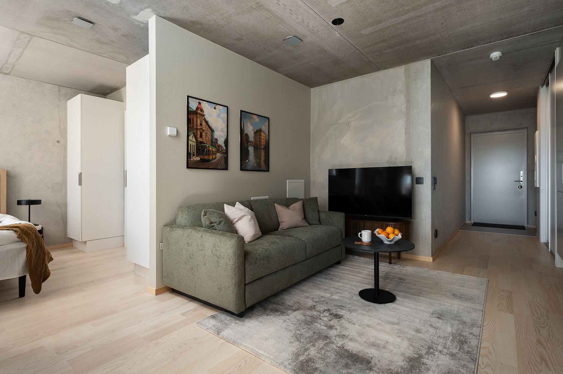 A modern living room with a sofa, a flat-screen TV, and artwork on the wall.