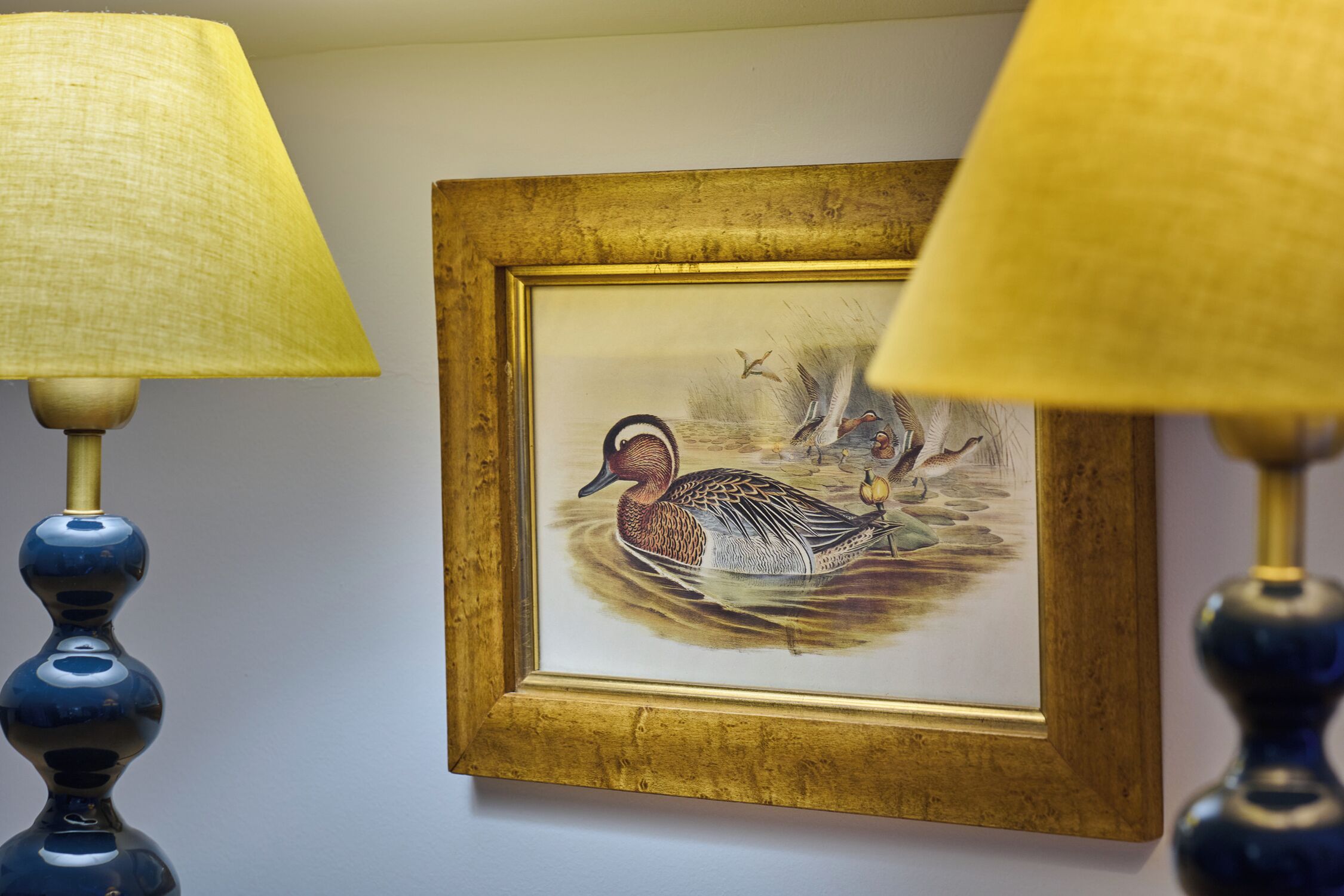 Une œuvre d’art encadrée représentant un canard, accrochée à un mur et flanquée de deux lampes dont les pieds sont bleus.