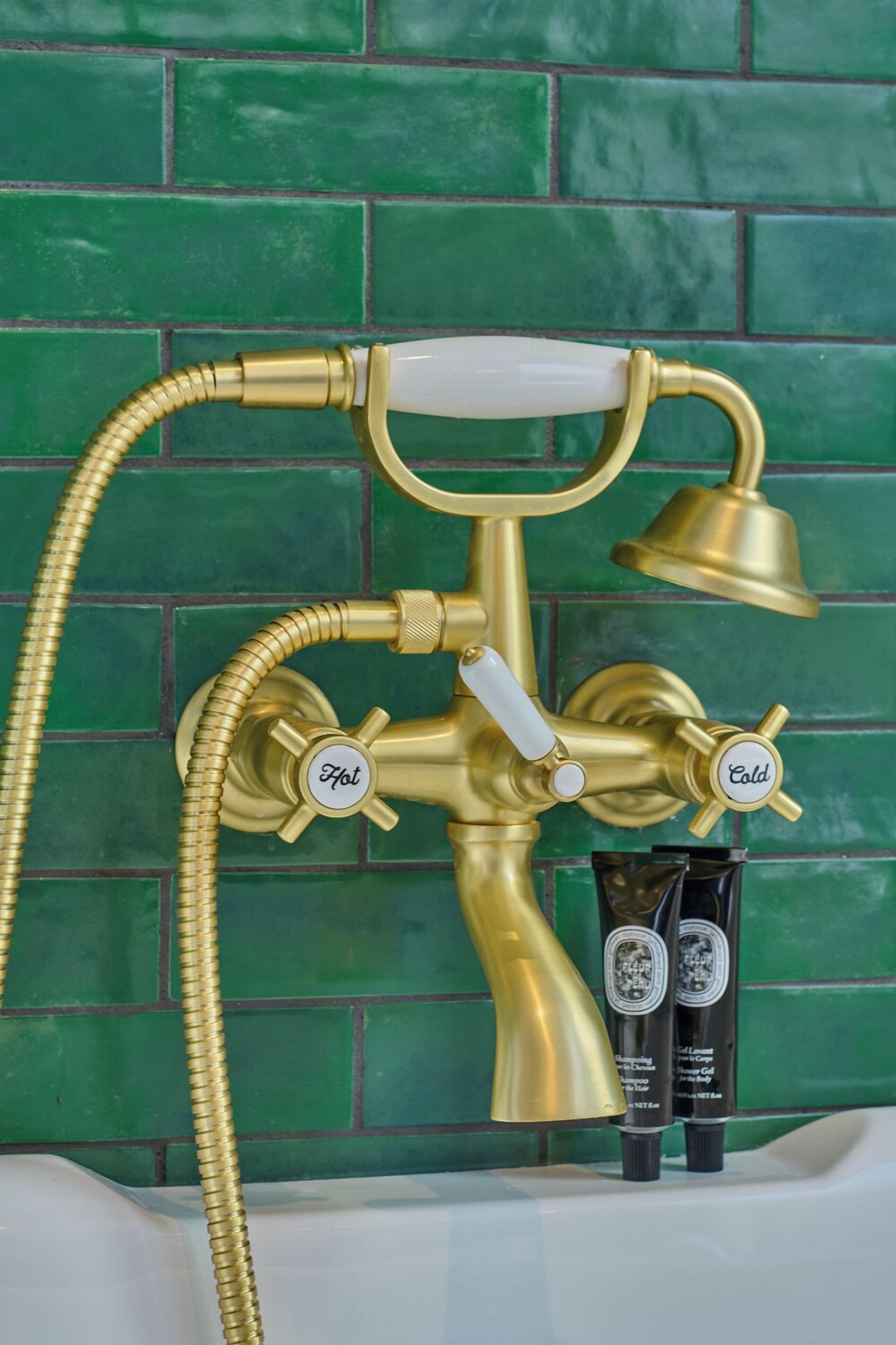 A bathroom with a gold-colored shower and two bottles of hair care products on the counter.