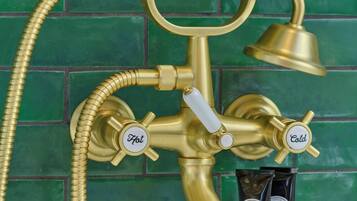 A bathroom with a gold-colored shower and two bottles of hair care products on the counter.