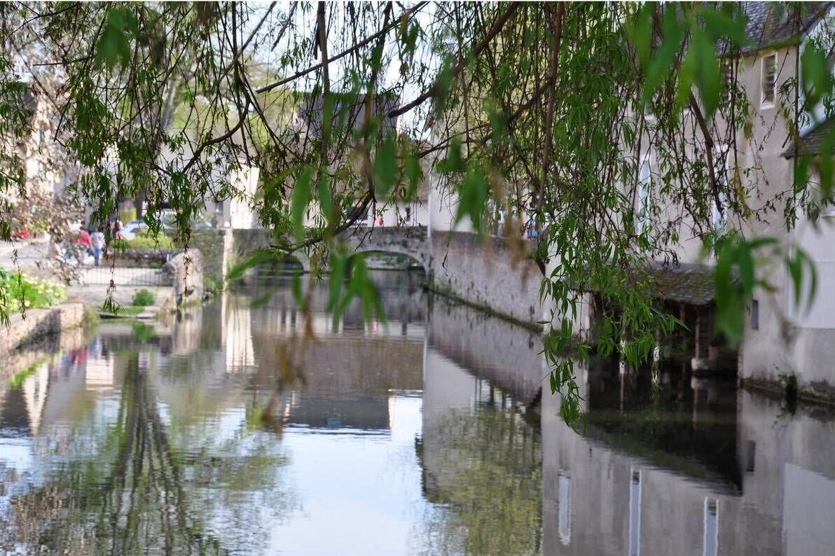A calm waterway with a stone bridge, surrounded by greenery and traditional architecture.