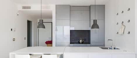 Fridge, oven, dishwasher, coffee/tea maker