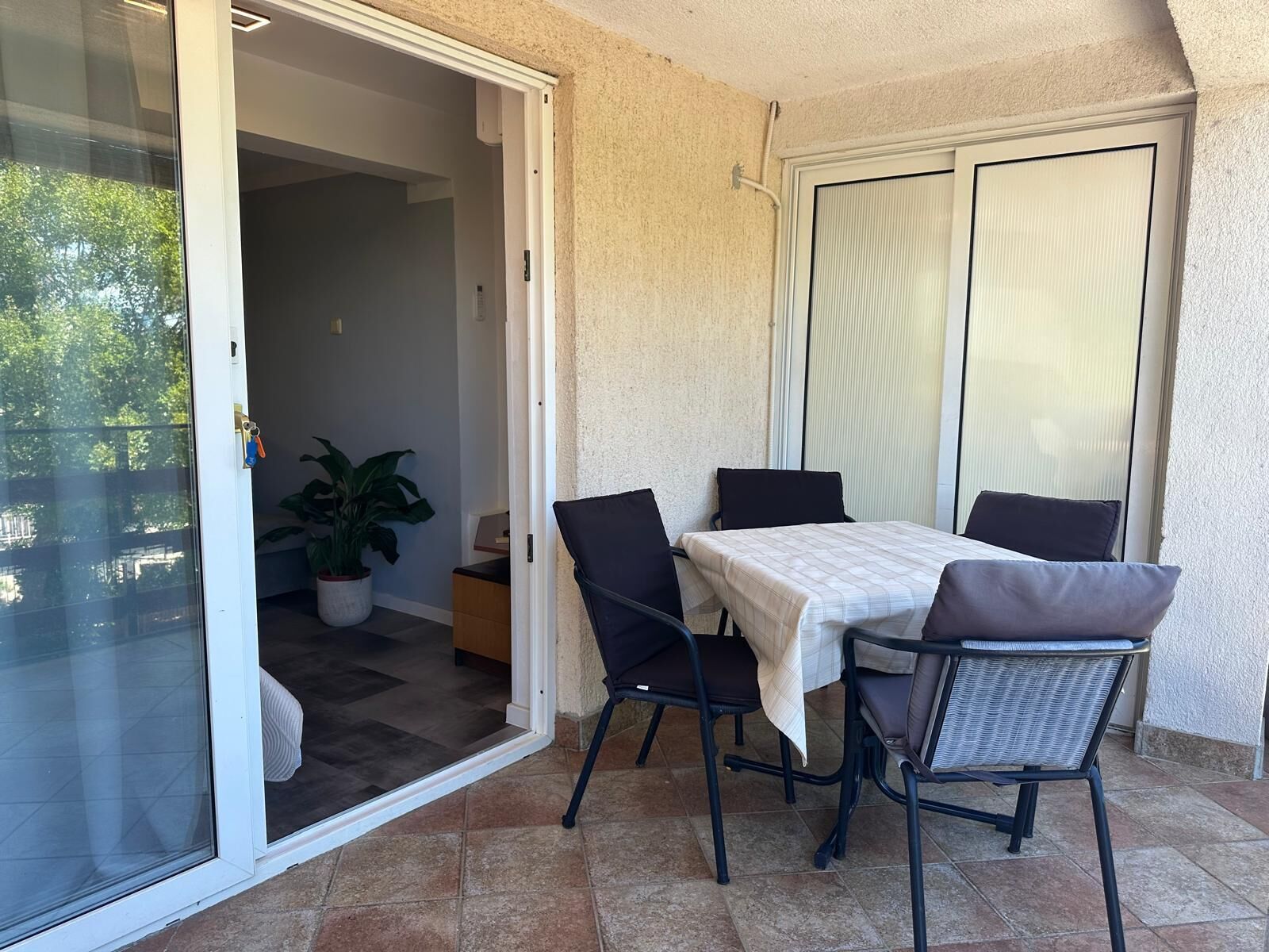 An outdoor patio with a table and chairs, a potted plant, and a sliding glass door leading to an interior space.