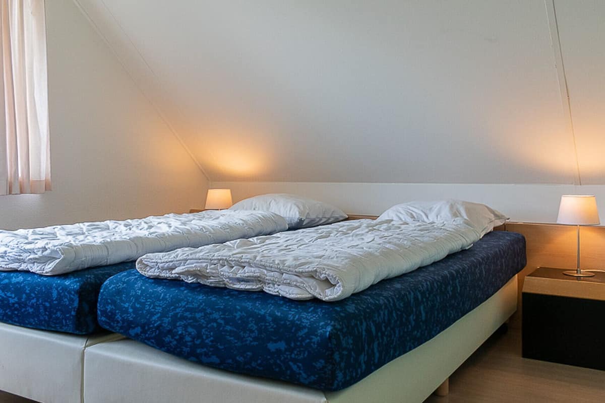 A twin bed with a blue duvet and white pillows, a bedside table with a lamp, and a window with curtains.