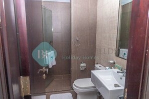 Shower, hair dryer, towels