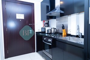 Fridge, microwave, oven, electric kettle