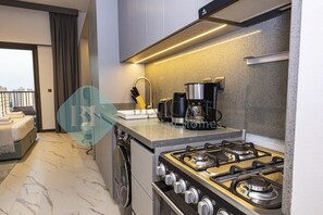 Fridge, microwave, oven, stovetop