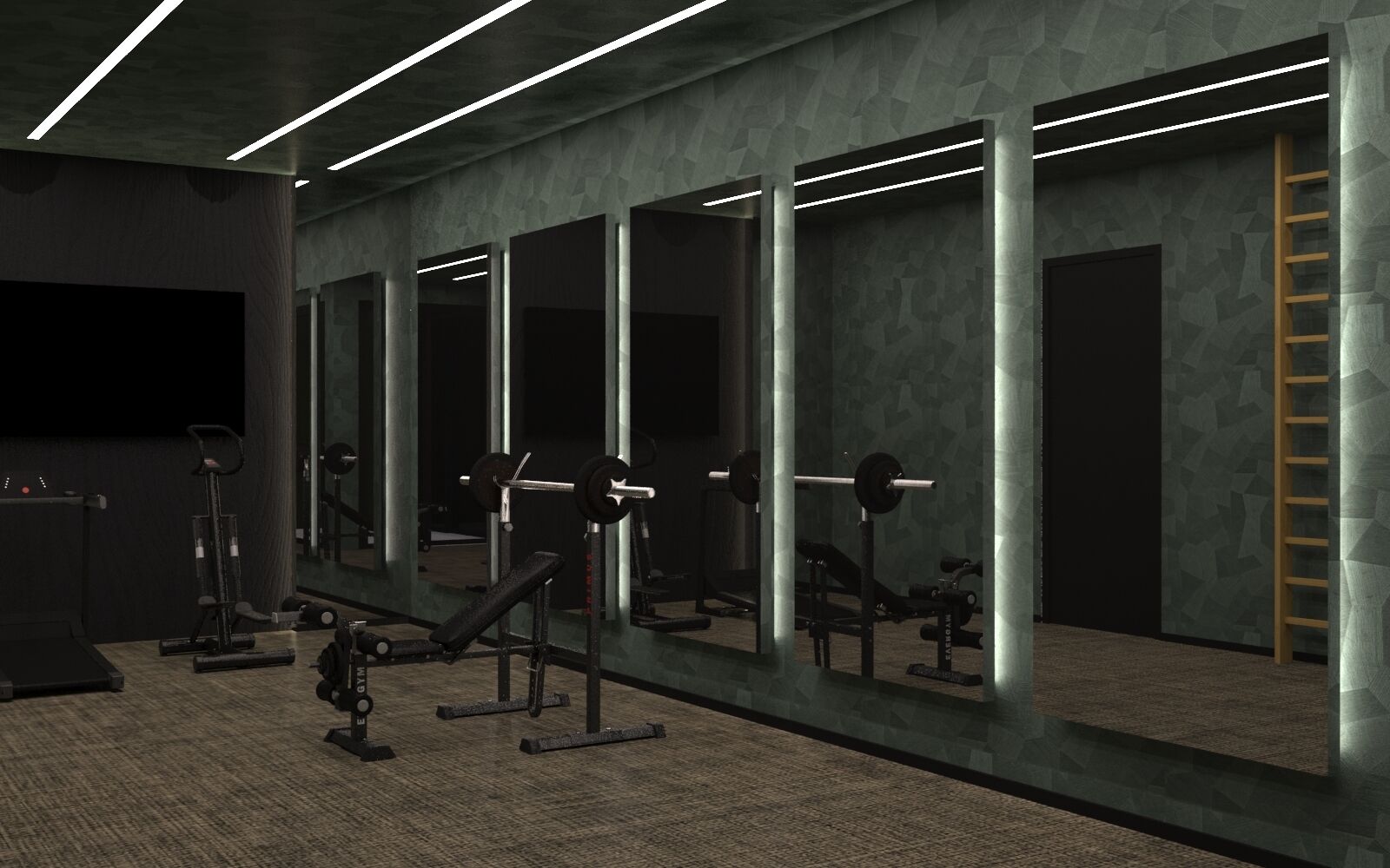 Ein Fitnessraum mit Trainingsgeräten, Spiegeln und einer Holallee.