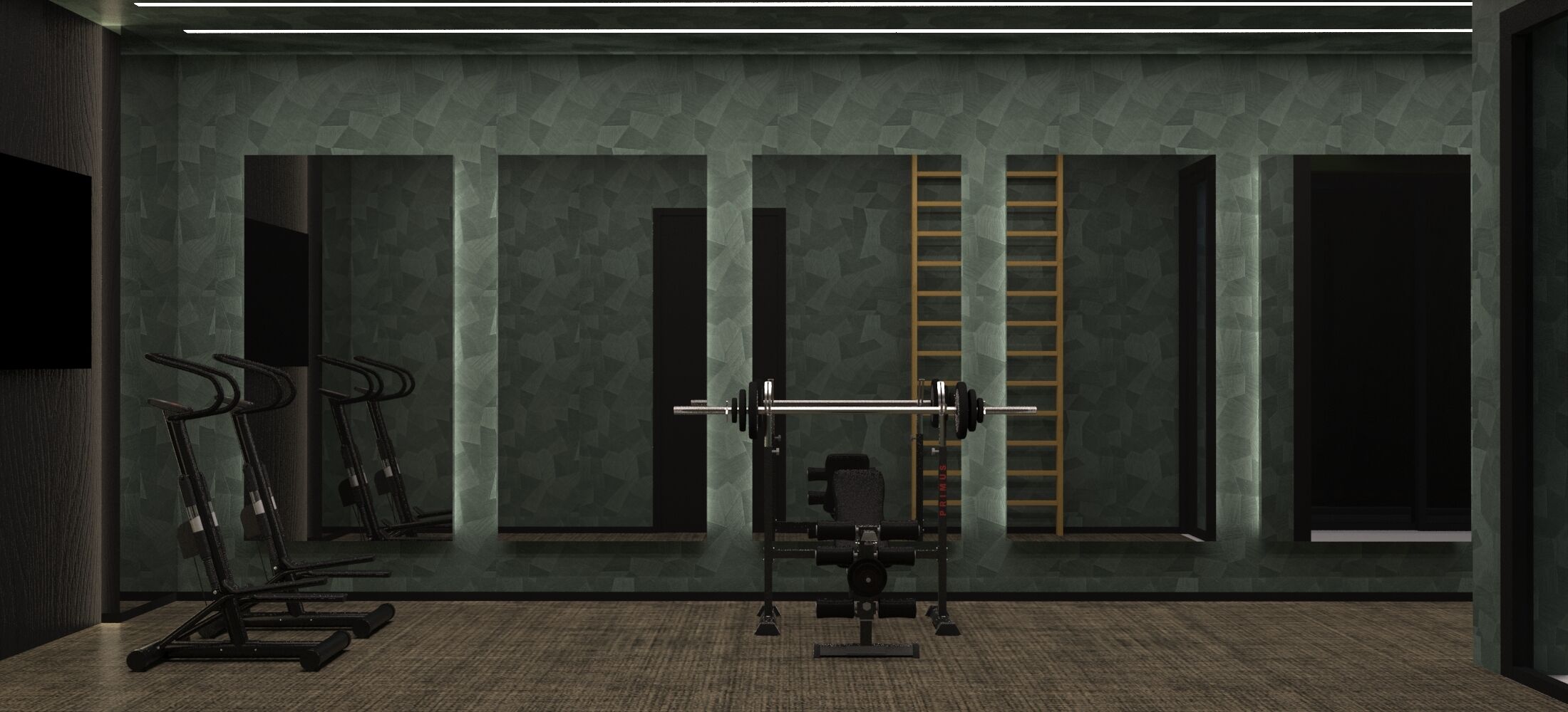 A gym with exercise equipment, including treadmills and a squat rack.