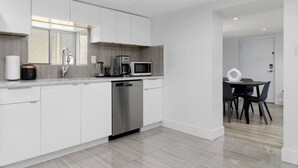 A modern kitchen with white cabinetry, a dishwasher, a coffee maker, and a microwave. - Cozy Basement suite Near UBC, Kits, and DT (Vancouver)
