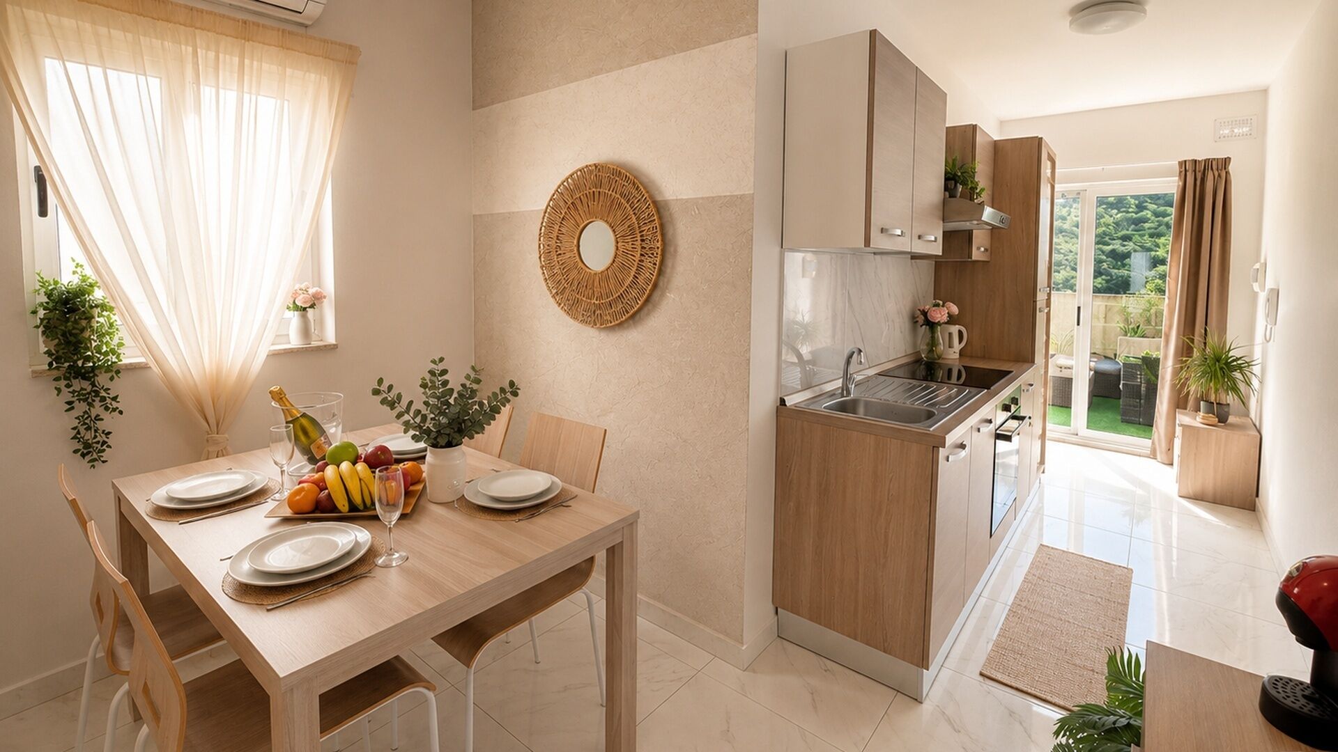 A modern kitchen with a dining area, featuring a wooden table set for a meal, a round woven wall decoration, and a view of the outdoors.