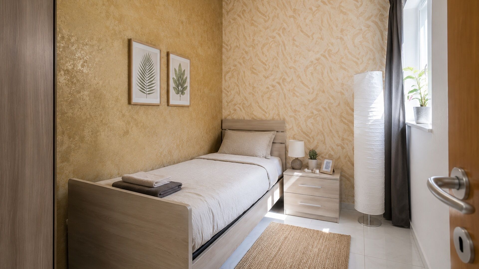 Un dormitorio con cama, mesita de noche, lámpara y ventana con cortinas.